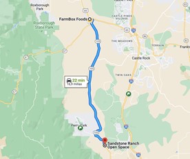 Google Maps route showing the 16.9-mile  22-min drive from FarmBox Foods to Sandstone Ranch.jpg
